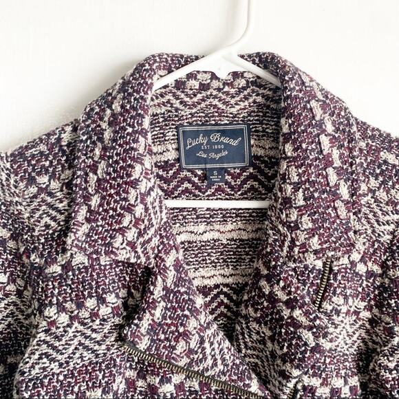 Lucky Brand Tweed Textured Moto Style Jacket Asymmetrical Zip Maroon Navy Size S - Picture 2 of 15